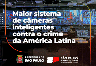 Maior sistema de câmeras inteligentes contra o crime da América Latina. 89mil câmeras integradas na capital. Isso é fazer história. Saiba mais! Abaixo, logos da Prefeitura de SP do Governo de SP
